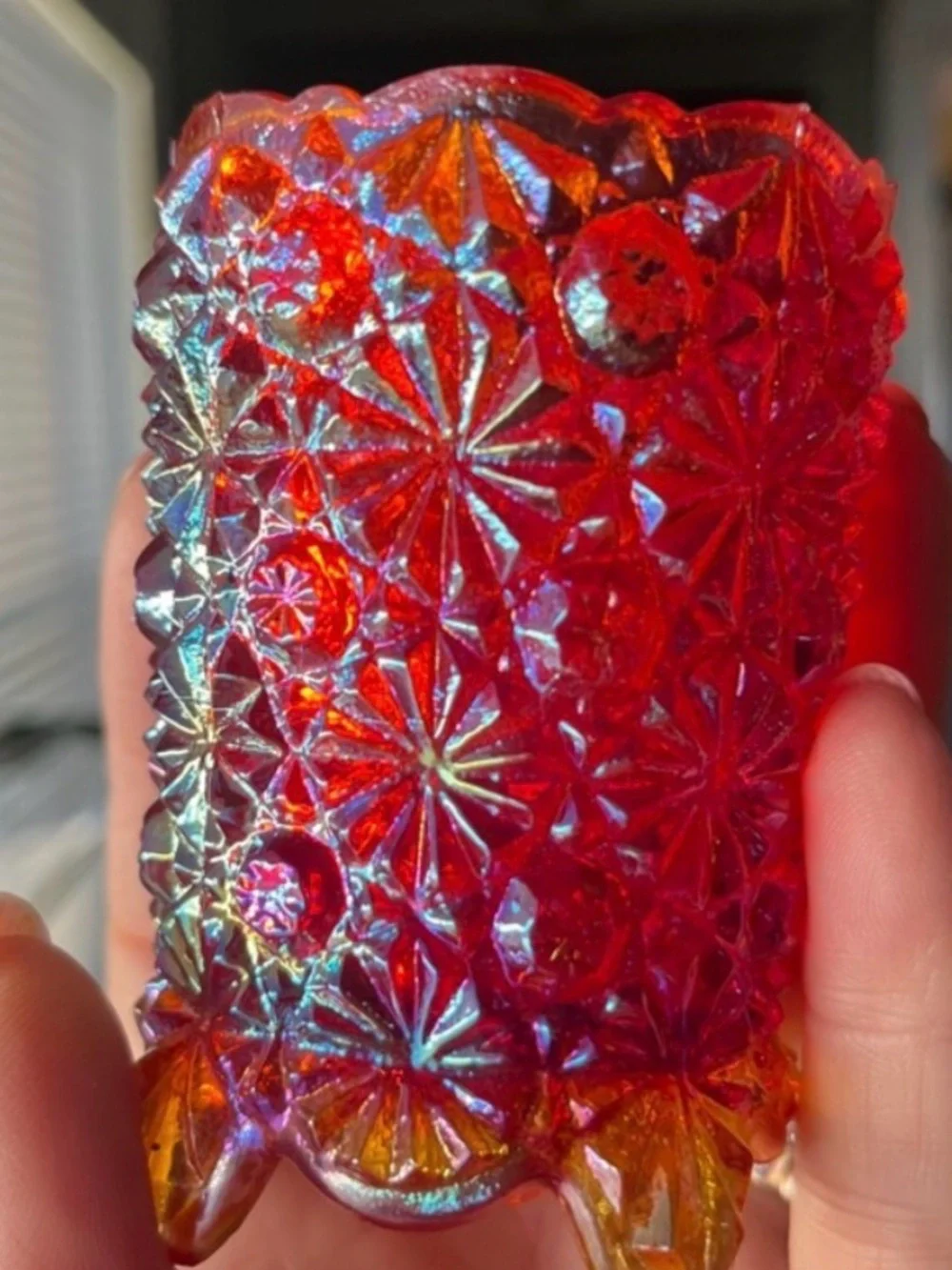 Vintage Ruby Red Carnival Glass Toothpick Holder Daisy & Button Footed